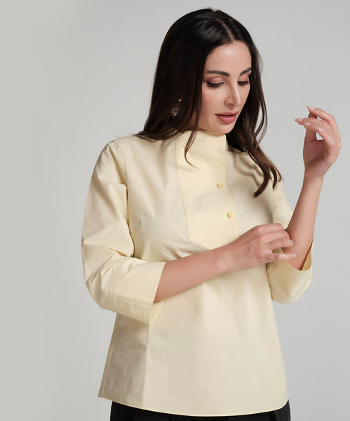 Crop Turn Up Sleeve Cotton Yellow Shirt